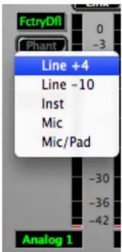 FctryDfl Phant Line +4 Line -10 Inst Mic Mic/Pad Analog 1 -30 -36 -42