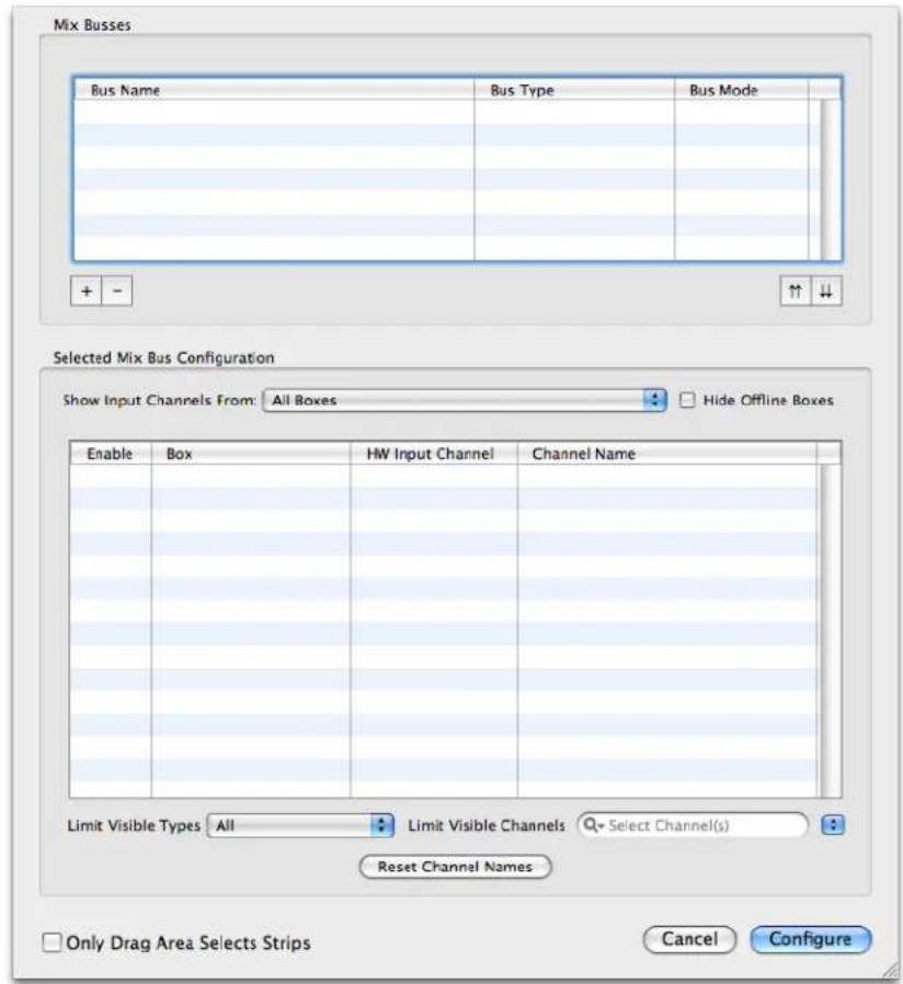 Mix Busses Bus Name Bus Type Bus Mode + - ↑ ↑ ↓ Selected Mix Bus Configuration Show Input Channels From: All Boxes Hide Offline Boxes Enable Box WH Input Channel Channel Name Limit Visible Types All Limit Visible Channels Select Channel(s) Reset Channel Names Only Drag Area Selects Strips Cancel Con…