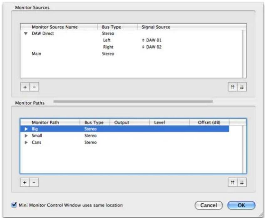 Monitor Sources Monitor Source Name Bus Type Signal Source DAW Direct Stereo Left ÷ DAW 01 Right ÷ DAW 02 Main Stereo + - ↑↑ ↓↓ Monitor Paths Monitor Path Bus Type Output Level Offset (dB) Big Stereo Small Stereo Cans Stereo + - ↑↑ ↓↓ Mini Monitor Control Window uses same location Cancel OK