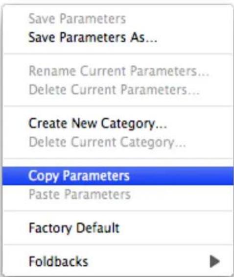 Save Parameters Save Parameters As... Rename Current Parameters... Delete Current Parameters... Create New Category... Delete Current Category... Copy Parameters Paste Parameters Factory Default Foldbacks