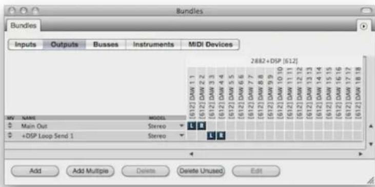 Bundles Inputs Outputs Busses Instruments MIDI Devices 2882+DSP [612] MY NAME MODEL Main Out Stereo +DSP Loop Send 1 Stereo Add Add Multiple Delete Delete Unused Edit