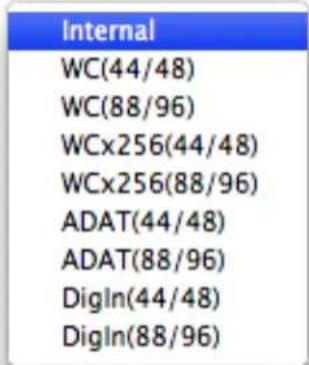 Internal WC(44/48) WC(88/96) WCx256(44/48) WCx256(88/96) ADAT(44/48) ADAT(88/96) DigIn(44/48) DigIn(88/96)