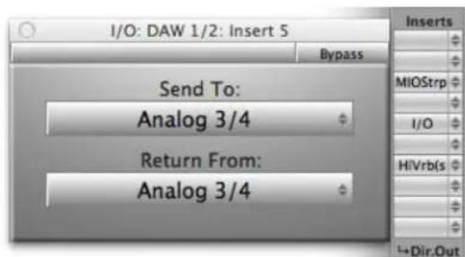I/O: DAW 1/2: Insert 5 Bypass Send To: Analog 3/4 Return From: Analog 3/4 Inserts MIOStrp I/O HiVrb(s) Dir.Out