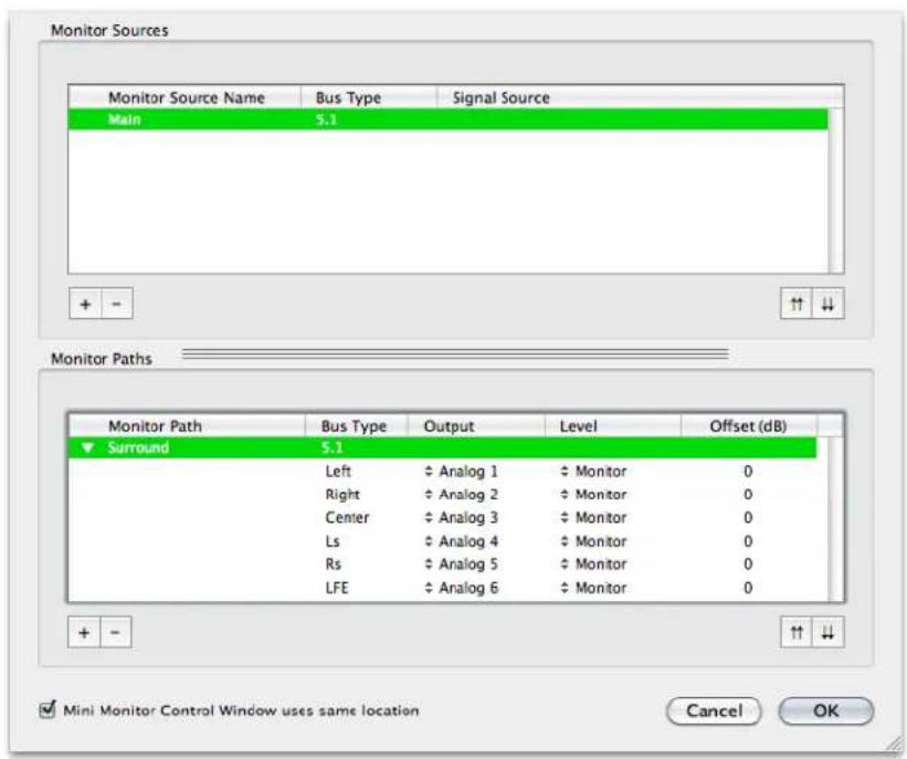 Monitor Sources Monitor Source Name Bus Type Signal Source Main 5.1 Monitor Paths Monitor Path Bus Type Output Level Offset (dB) Surround 5.1 Left ✓ Analog 1 ✓ Monitor 0 Right ✓ Analog 2 ✓ Monitor 0 Center ✓ Analog 3 ✓ Monitor 0 Ls ✓ Analog 4 ✓ Monitor 0 Rs ✓ Analog 5 ✓ Monitor 0 LFE ✓ Analog 6 ✓ Mo…