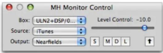 MH Monitor Control Box: ULN2+DSP/0... Source: iTunes Output: Nearfields Level Control: -10.0 S M D L ↑