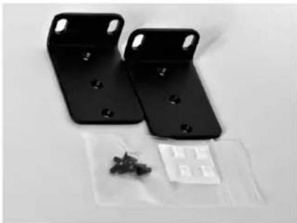 Two black metal bracket components with mounting holes and a plastic bag containing small electronic components (no text or symbols visible)