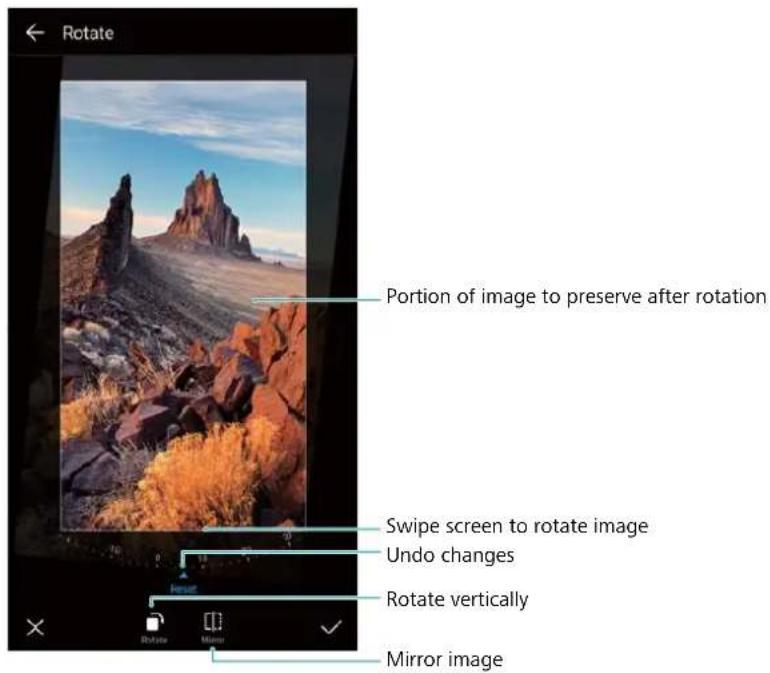 Rotate Portion of image to preserve after rotation Swipe screen to rotate image Undo changes Rotate vertically Mirror image