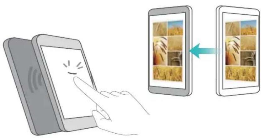 Illustration showing a hand interacting with a tablet displaying a smiley face, followed by a smartphone displaying a grid of crop images and a separate screen.