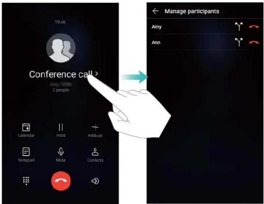 19:46 Conference call > 2 people Calendar Hold Addcall Notepad Mute Contacts Manage participants Amy Ann