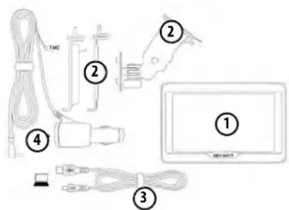 Diagram showing labeled components of a device with cable, connectors, and a tablet screen