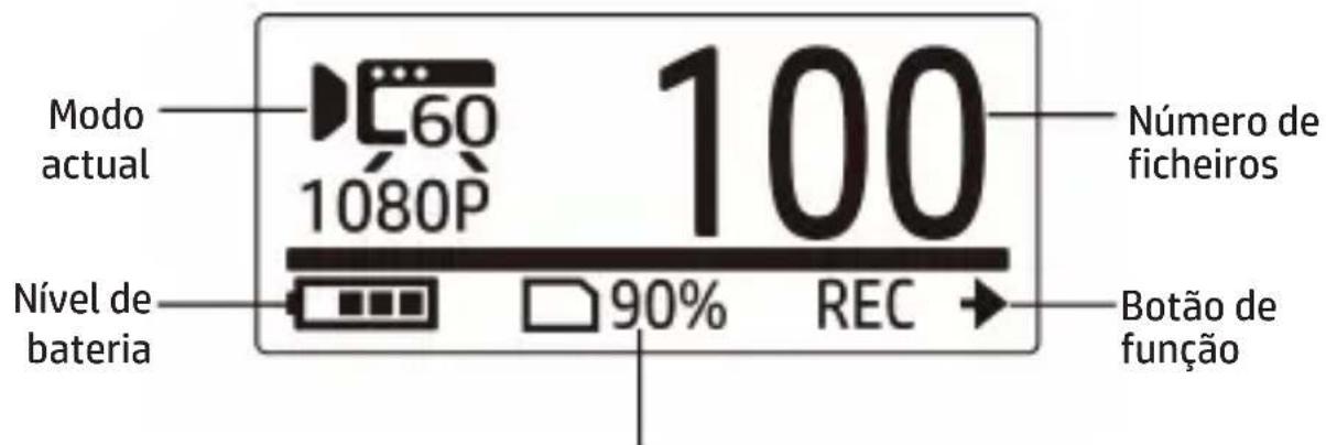 Modo actual 60 1080P 100 Número de ficheiros Nível de bateria 90% REC Botão de função