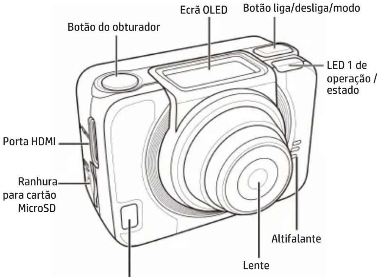 Ecrã OLED Botão do obturador Botão liga/desliga/modo LED 1 de operação / estado Porta HDMI Ranhura para cartão MicroSD Altifalante Lente