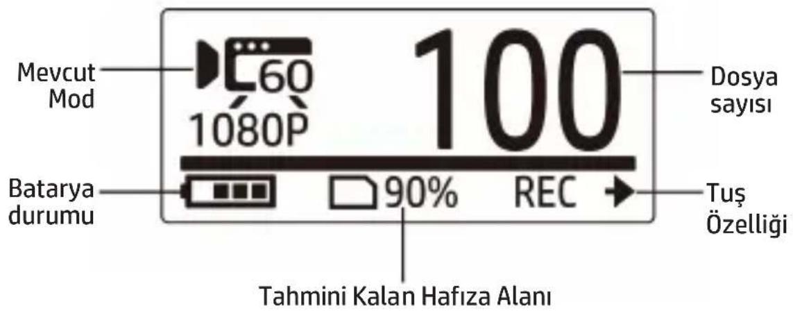 Mevcut Mod 60 1080P 100 Dosya sayısı Batarya durumu 90% REC Tuş Özelliği Tahmini Kalan Hafıza Alanı