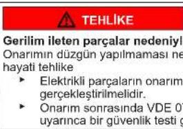 TEHLIKE Gerilim ileten parçalar nedeniyl Onarımın düzgün yapılmaması ne hayati tehlike ► Elektrikli parçaların onarım gereckleştirilmelidir. ► Onarım sonrasında VDE 0' uyarınca bir güvenlik testi g