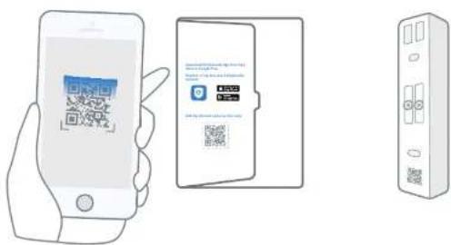 Illustration showing a hand holding a smartphone displaying a QR code, alongside two devices: one with a card and the other with a server.