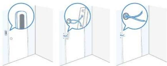 Illustration showing three steps of door opening: call, folding, and cutting with a tape measure.