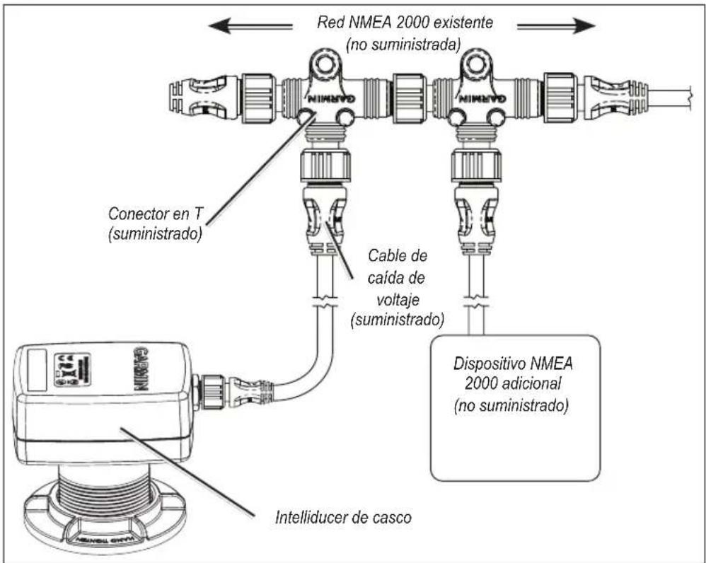 Red NMEA 2000 existente (no suministrada) Conector en T (suministrado) Cable de caída de voltaje (suministrado) Dispositivo NMEA 2000 adicional (no suministrado) Intelliducer de casco