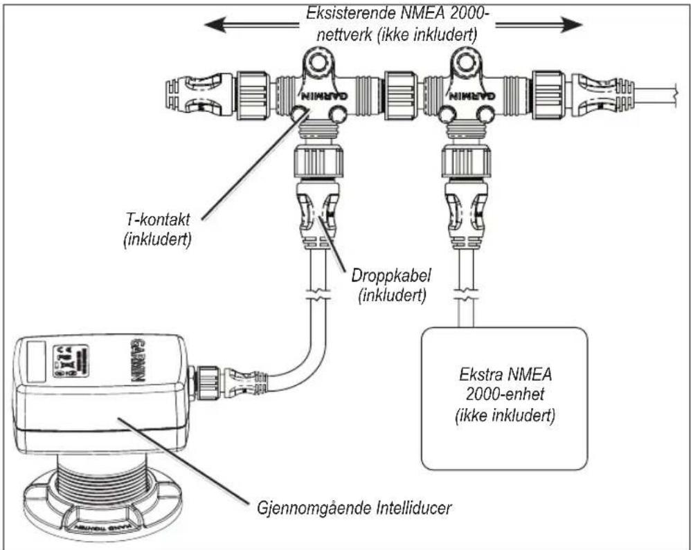 Eksisterende NMEA 2000- nettverk (ikke inkludert) T-kontakt (inkludert) Droppkabel (inkludert) Ekstra NMEA 2000-enhet (ikke inkludert) Gjennomgående Intelliducer