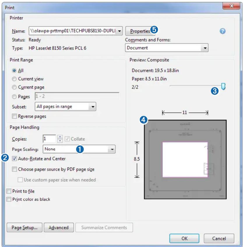 Print Printer Name: \olawpa-prttmp01\TECHPUBS8150-DUPLI Properties ⑤ Status: Ready Comments and Forms: Type: HP LaserJet 8150 Series PCL 6 Document Print Range All Current view Current page Pages 1 - 2 Subset: All pages in range Reverse pages Page Handling Copies: 1 Collate Page Scaling: None Auto-Rotate and Center Choose paper source by PDF page size Use custom paper size when needed Print to file Print color as black Preview: Composite Document: 19.5 x 18.8in Paper: 8.5 x 11.0in 2/2 11 8.5 Page Setup... Advanced Summarize Comments OK Cancel