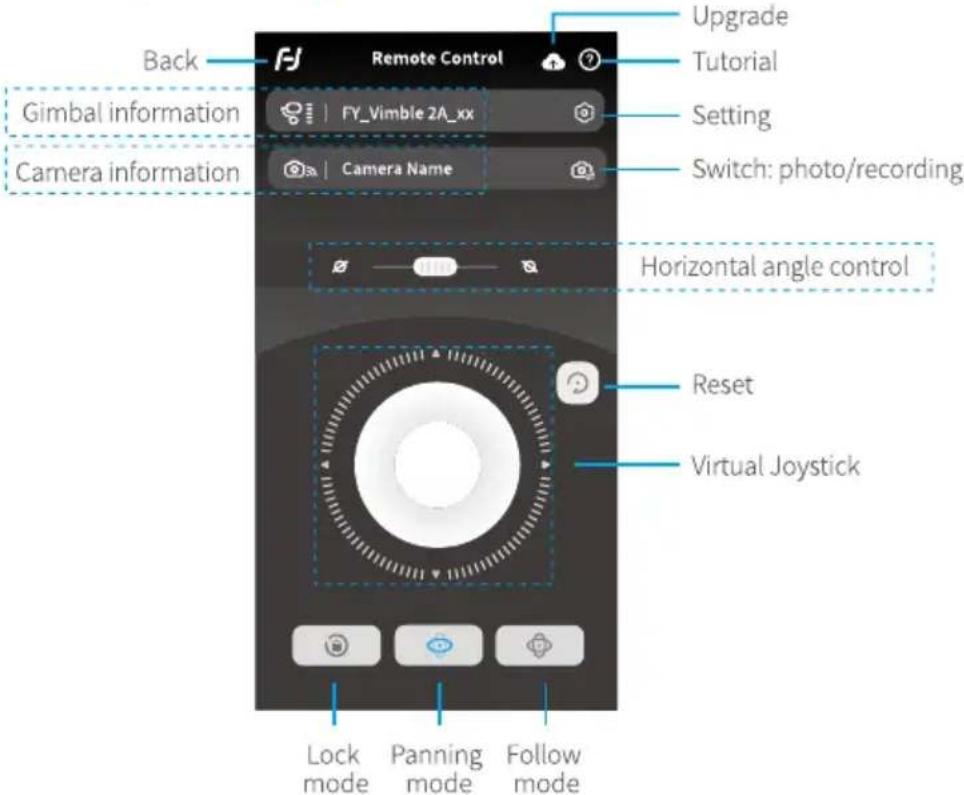 Back Remote Control Upgrades Tutorial Gimbal information FY_Vimble 2A_xx Camera information Camera Name Setting Switch: photo/recording Horizontal angle control Reset Virtual Joystick Lock mode Panning mode Follow mode