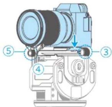 Diagram of a camera with numbered parts indicating mechanical components and directional arrows