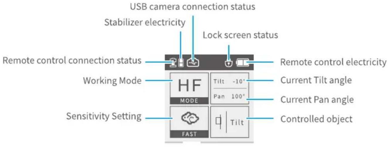 USB camera connection status Stabilizer electricity Lock screen status Remote control connection status Working Mode Sensitivity Setting HF MODE Tilt -10° Pan 100° Remote control electricity Current Tilt angle Current Pan angle Controlled object