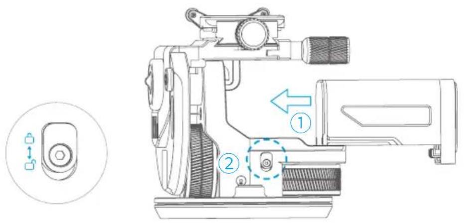 Technical diagram of a mechanical device with labeled parts and directional arrows indicating assembly or movement.