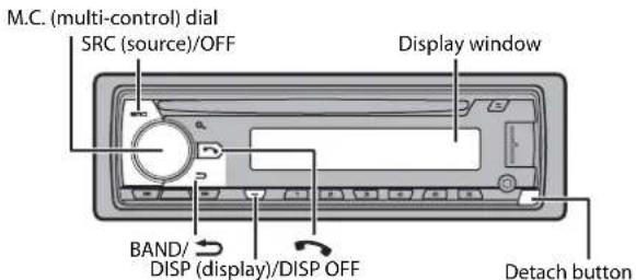 M.C. (multi-control) dial SRC (source)/OFF Display window BAND/ DISP (display)/DISP OFF Detach button