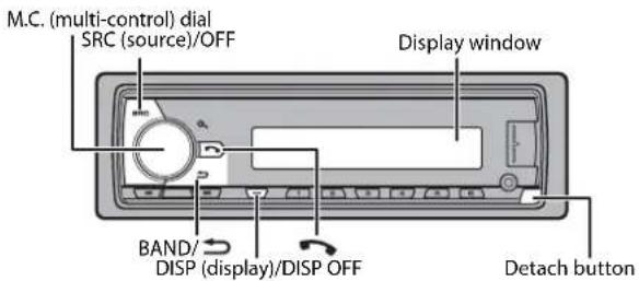 M.C. (multi-control) dial SRC (source)/OFF Display window BAND/ DISP (display)/DISP OFF Detach button