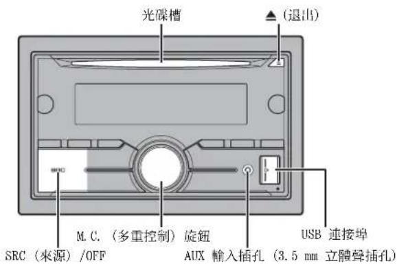 光碟槽 ▲ (退出) M. C. (多重控制) 旋钮 SRC (來源) /OFF AUX 輸入插孔 (3.5 mm 立體聲插孔) USB 連接埠
