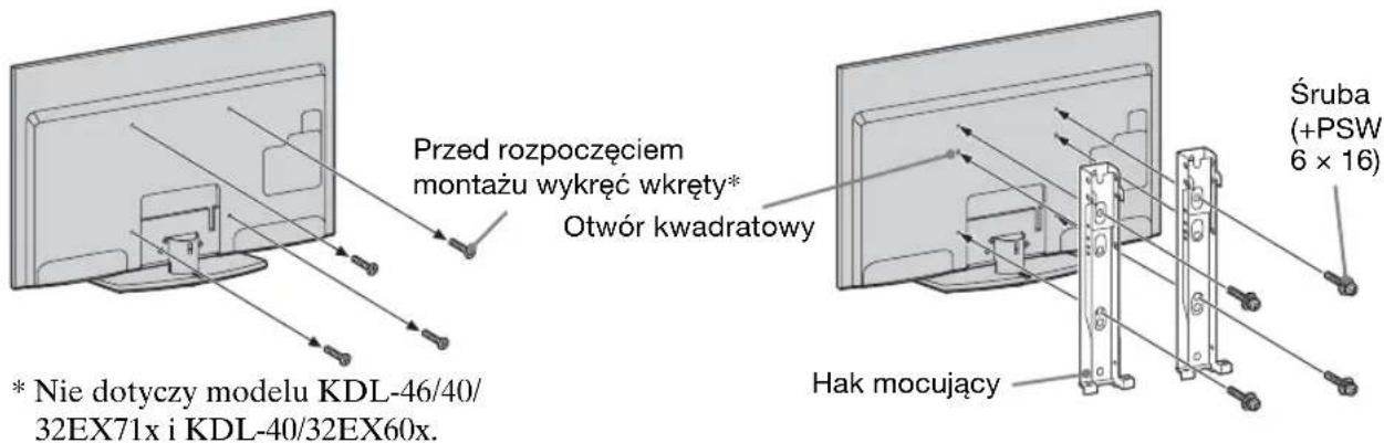 Przed rozpoczęciem montażu wykręć wkręty* Otwór kwadratowy * Nie dotyczy modelu KDL-46/40/ 32EX71x i KDL-40/32EX60x. Śruba (+PSW 6 x 16) Hak mocujący