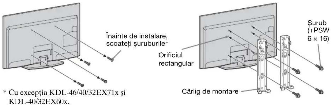 Înainte de instalare, scoateți șuruburile* * Cu excepția KDL-46/40/32EX71x și KDL-40/32EX60x. Orificiul rectangular Cârlig de montare Şurub (+PSW 6 x 16)