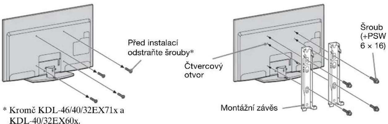 Před instalací odstraňte šrouby* Čtvercový otvor * Kromč KDL-46/40/32EX71x a KDL-40/32EX60x. Montážní závěs Šroub (+PSW 6 x 16)