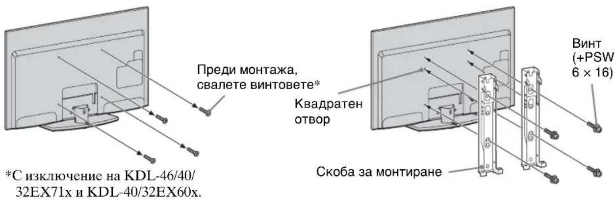 Преди монтажа, свалете винтовете* Квадратен отвор Скоба за монтиране *BИНТ (+PSW 6 x 16) *C изключение на KDL-46/40/ 32EX71x и KDL-40/32EX60x.