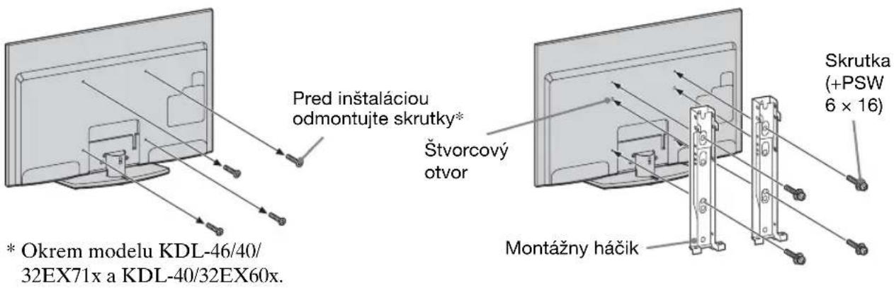 Pred inštaláciou odmontujte skrutky* Štvorcový otvor * Okrem modelu KDL-46/40/32EX71x a KDL-40/32EX60x. Montážny háčík Skrutka (+PSW 6 x 16)