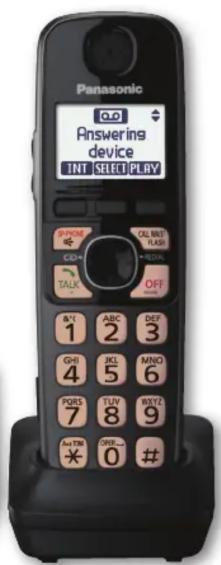 Panasonic Q.D Answering device INT SELECT PLAY OFF CALL MID TRAS TALK OFF A&T ABC DEF 1 2 3 GHI JCL MNO 4 5 6 PORS TUV RWZ 7 8 9 AutoTM OFF ... * 0 #