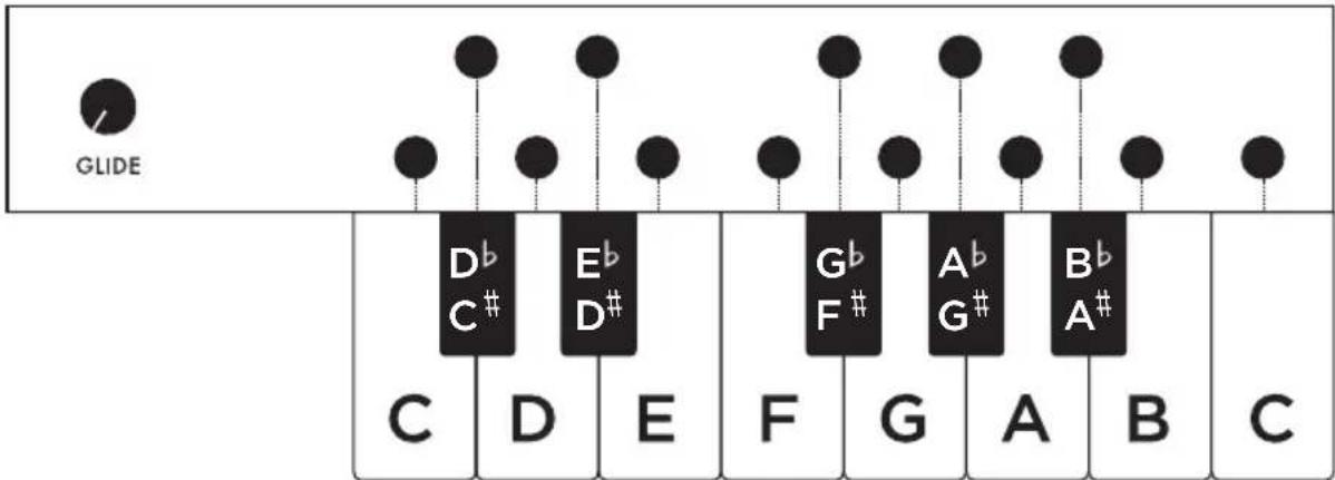 GLIDE D♭ C♯ D E♭ D♯ F G♭ F♯ A♭ G♯ A B♭ A♯ C