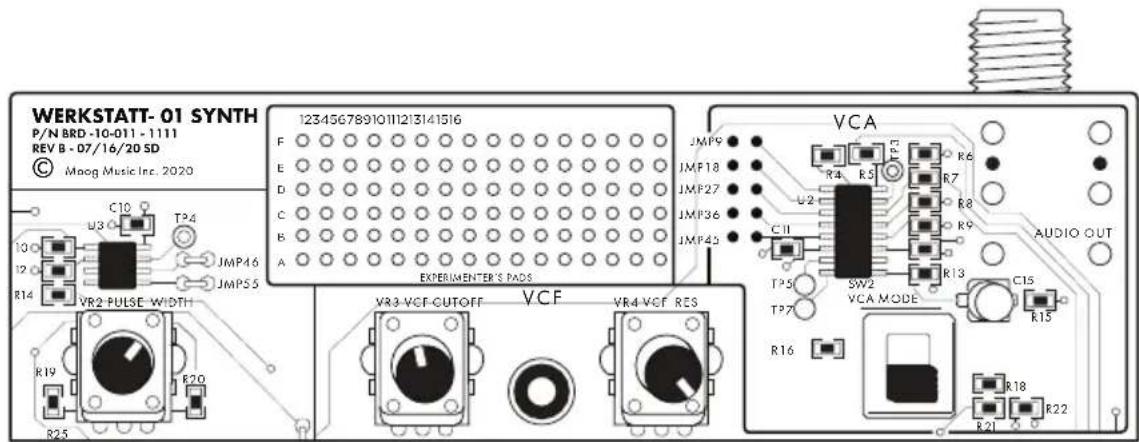 WERKSTATT- 01 SYNTH P/N BRD-10-011 - 1111 REV B - 07/16/20 SD © Maog Music Inc. 2020 C10 U3 O TP4 JMP46 JMP55 VR2-PULSE WIDTH R19 R25 F20 12345678910111213141516 F E D C B A EXPERIMENTER'S PADS VCA JMP9 JMP18 JMP27 JMP36 JMP45 TP5 TP7 VCA MODE SW2 R13 C15 R15 R16 R18 R21 R22 AUDIO OUT