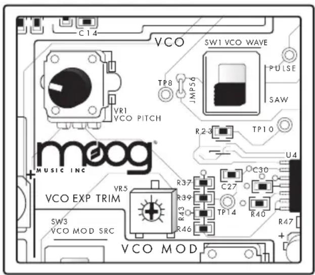 C14 VCO SW1 VCO WAVE TP8 JMP56 PULSE SAW R23 TP10 U4 C30 VCO EXP TRIM R37 C27 R40 R43 TP14 R46 R47 SW3 VCO MOD SRC VCO MOD C14 VR1 VCO PITCH + music inc meog®