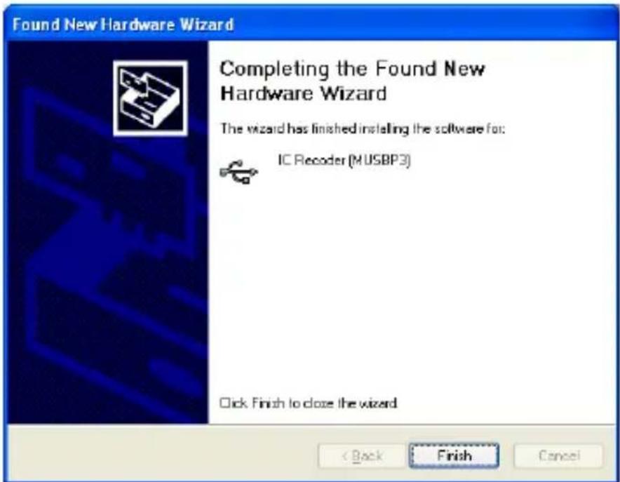 Found New Hardware Wizard Completing the Found New Hardware Wizard The wizard has finished installing the software for: IC Recoder (MUSBP3) Click Finish to close the wizard < Back Finish Cancel