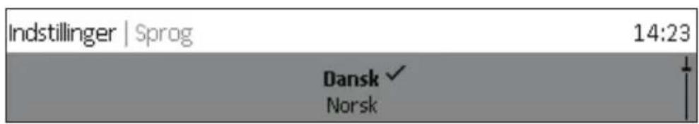Indstillinger | Sprog 14:23 Dansk ✓ Norsk