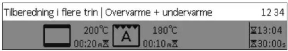 Tilberedning i flere trin | Overvarme + undervarme 12 34 200°C 180°C 13:04 00:20 mX 00:10 mX 30:00s