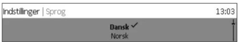 Indstillinger | Sprog 13:03 Dansk ✓ Norsk