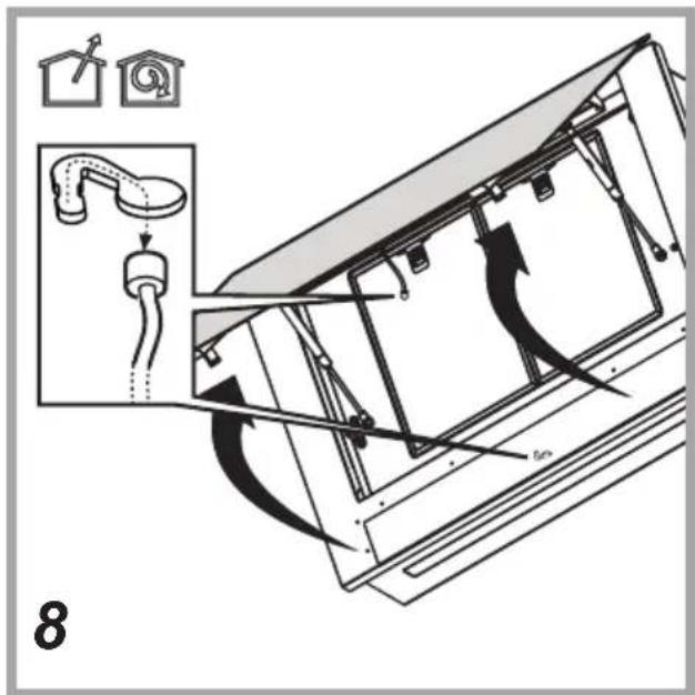 Diagram illustrating airflow or ventilation system with labeled components and directional arrows, including a pipe fitting and house symbols.