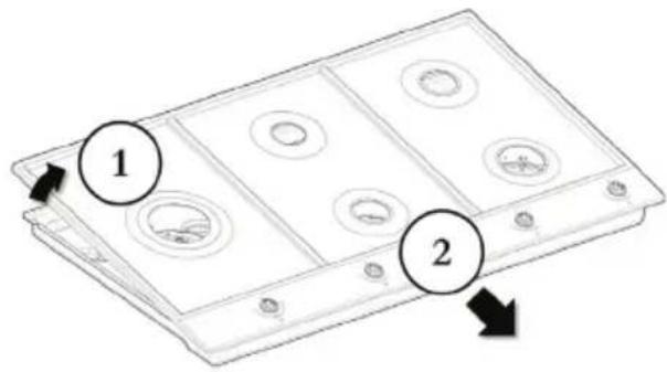 Diagram of a device casing with labeled parts and directional arrows indicating movement or assembly.