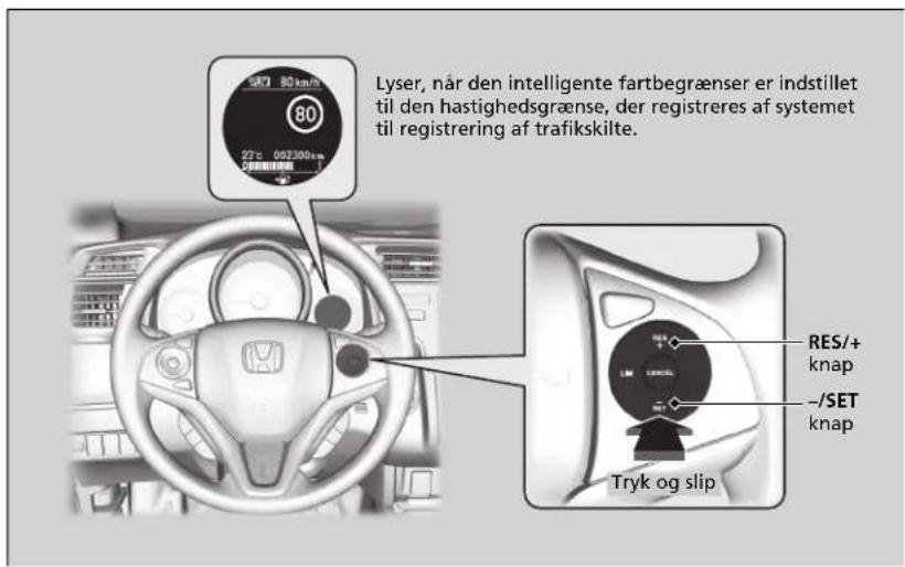 Lyser, når den intelligente fartbegrænser er indstillet til den hastighedsgrænse, der registreres af systemet til registrering af trafikskilte. RES/+ knap -/SET knap Tryk og slip