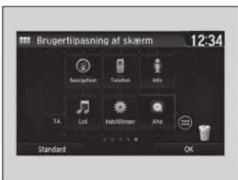 Brugertipasning af skærm 12:34 Navigation Teaher Info TA Lyd Indiklimper Aha Standard OK