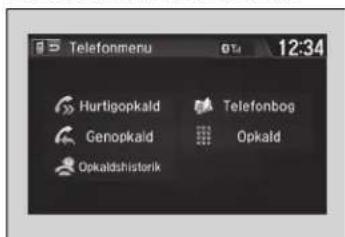 Telefonmenu 12:34 Hurtigopkald Genopkald Opkaldshistorik Telefonbog Opkald