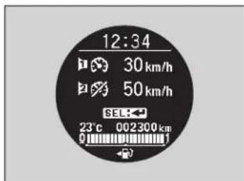 12:34 30 km/h 50 km/h SEL: 23°C 002300 km 0 1