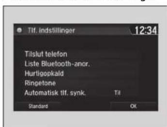 Tlf. indstillinger 12:34 Tilslut telefon Liste Bluetooth-ancr. Hurtigopkald Ringtone Automatisk tlf. synk. TI Standard OK